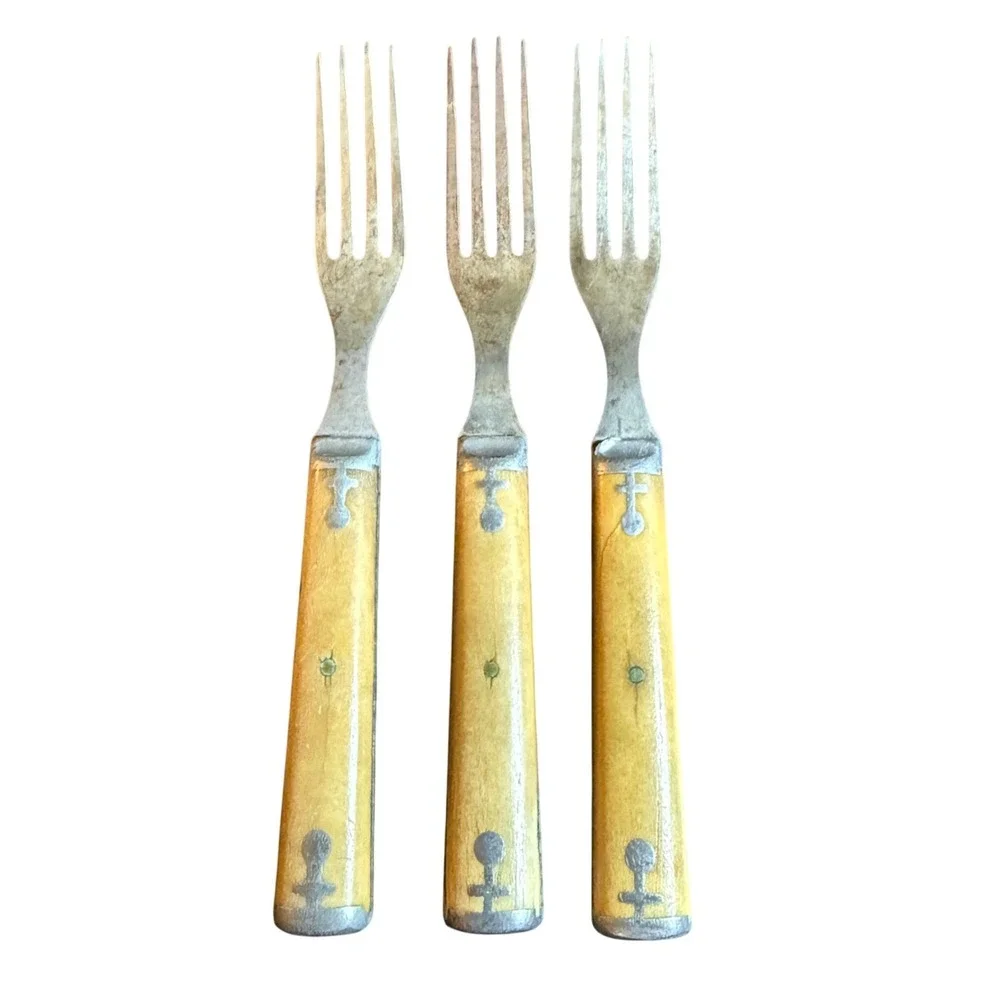 Antique Primitive Bone Handle Forks Set of 3 Pewter Inlay Rustic Flatware 7.25